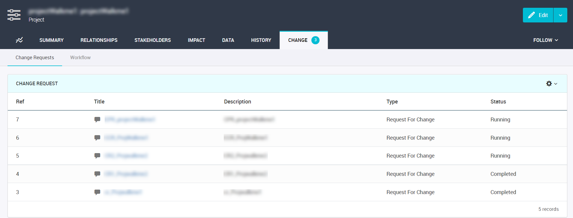 The image depicts the change requests sub-tab of a project.