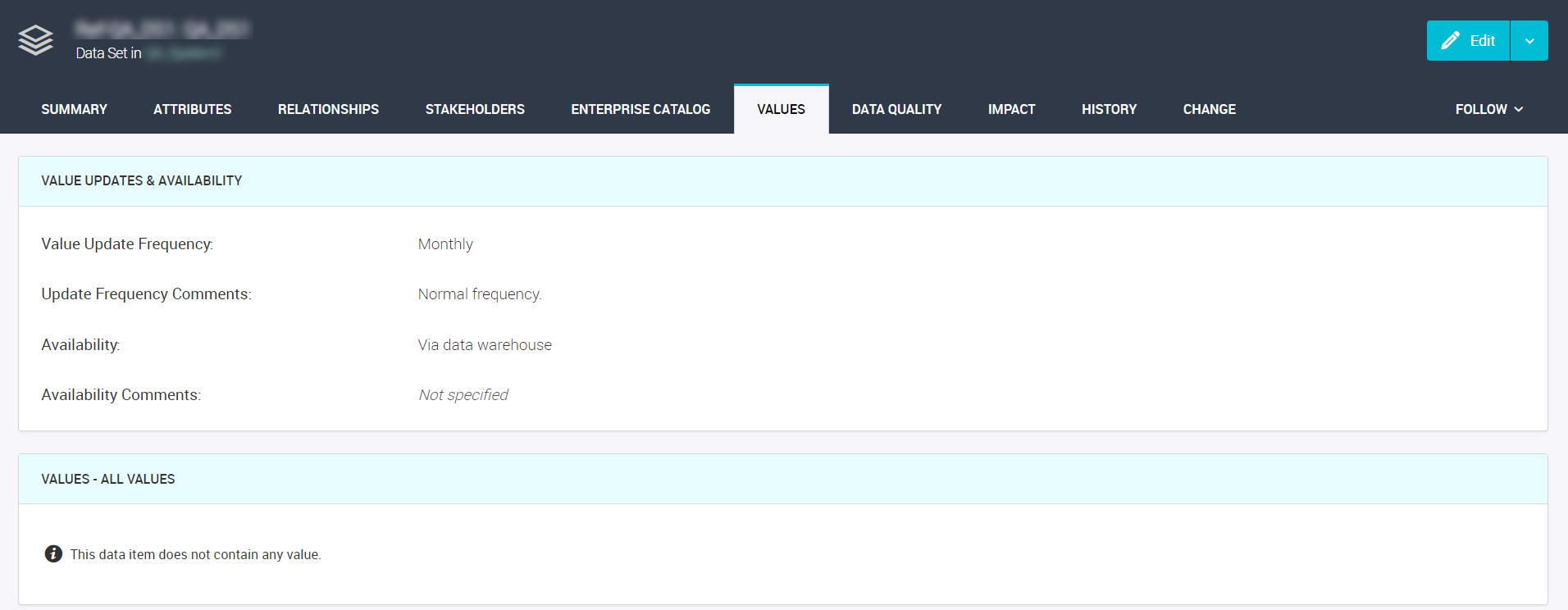 The image depicts the values tab of a data set.
