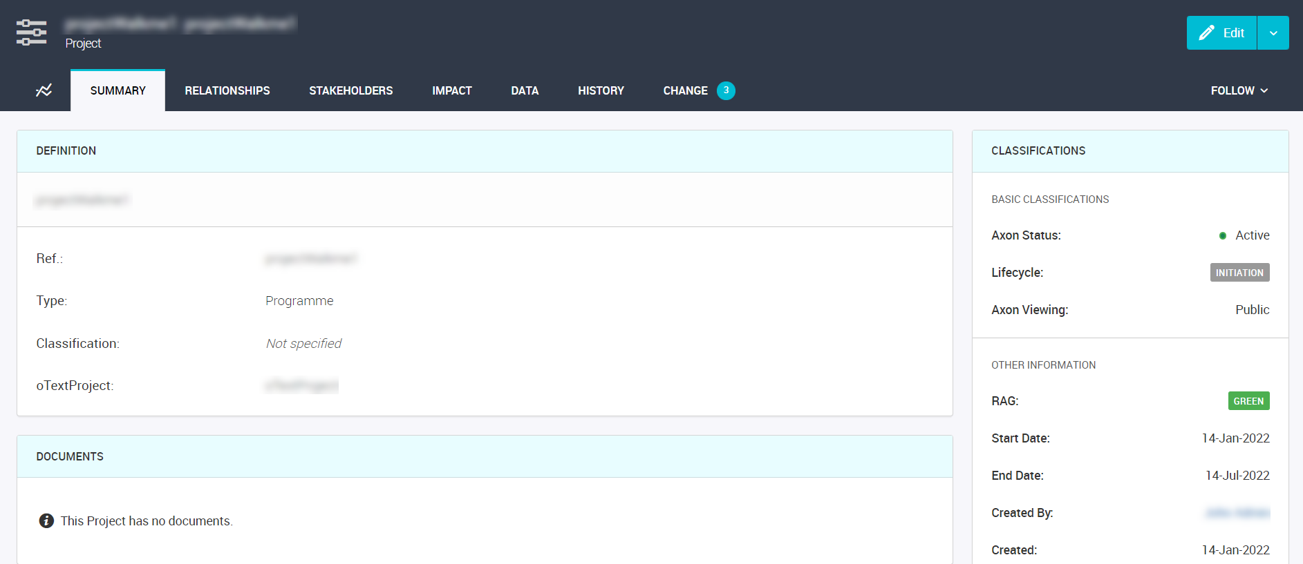 The image shows the Summary tab of a project.