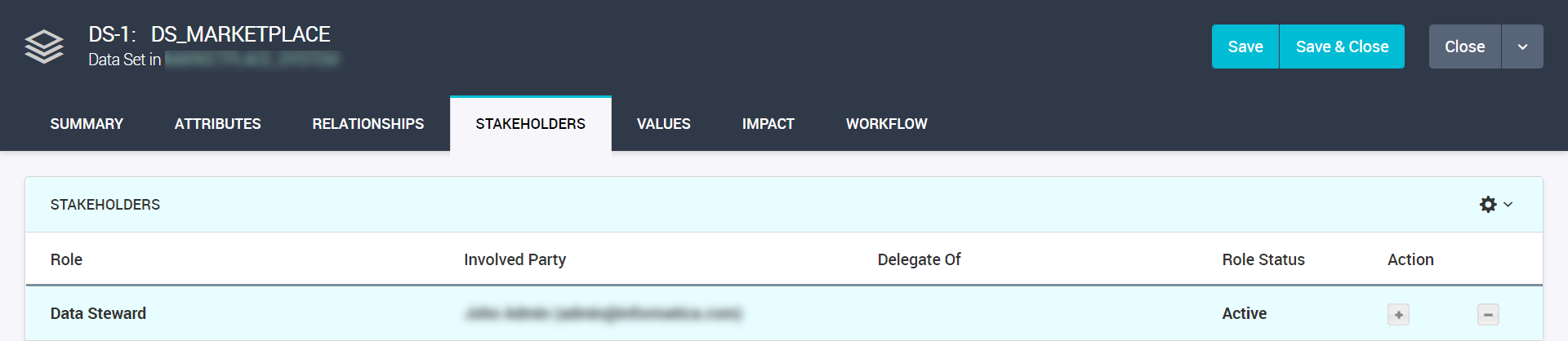 The image depicts the Stakeholders tab of a data set in edit view.