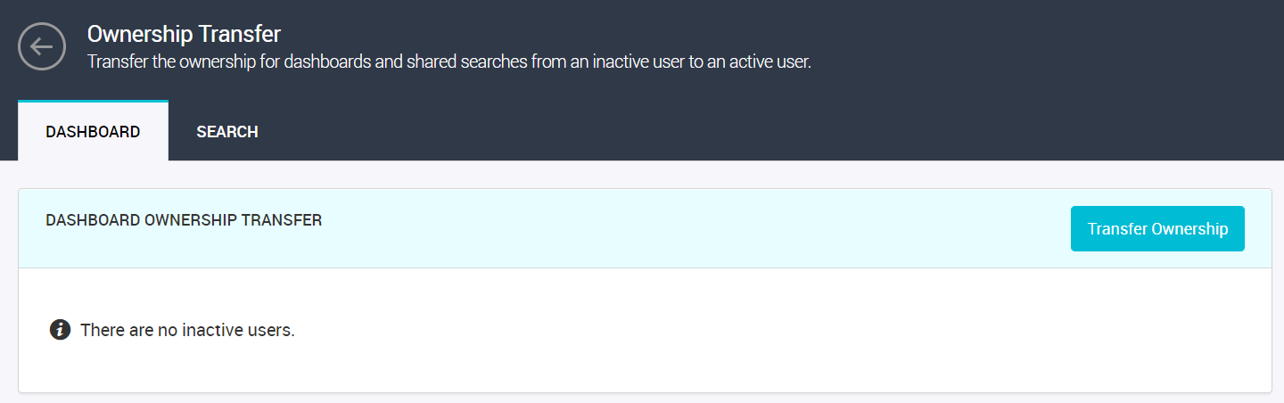 The Dashboard tab of the Ownership Transfer page displays a message to inform you that there are no inactive users.