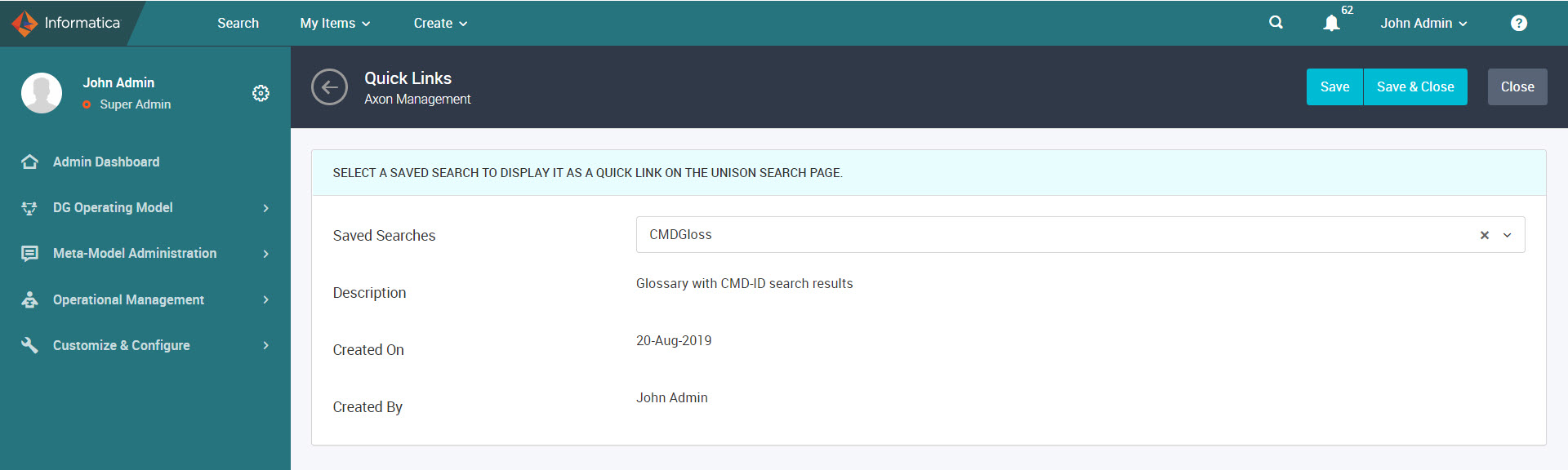 The image depicts the selection of a sample quick link button that you can display on the Unison page.