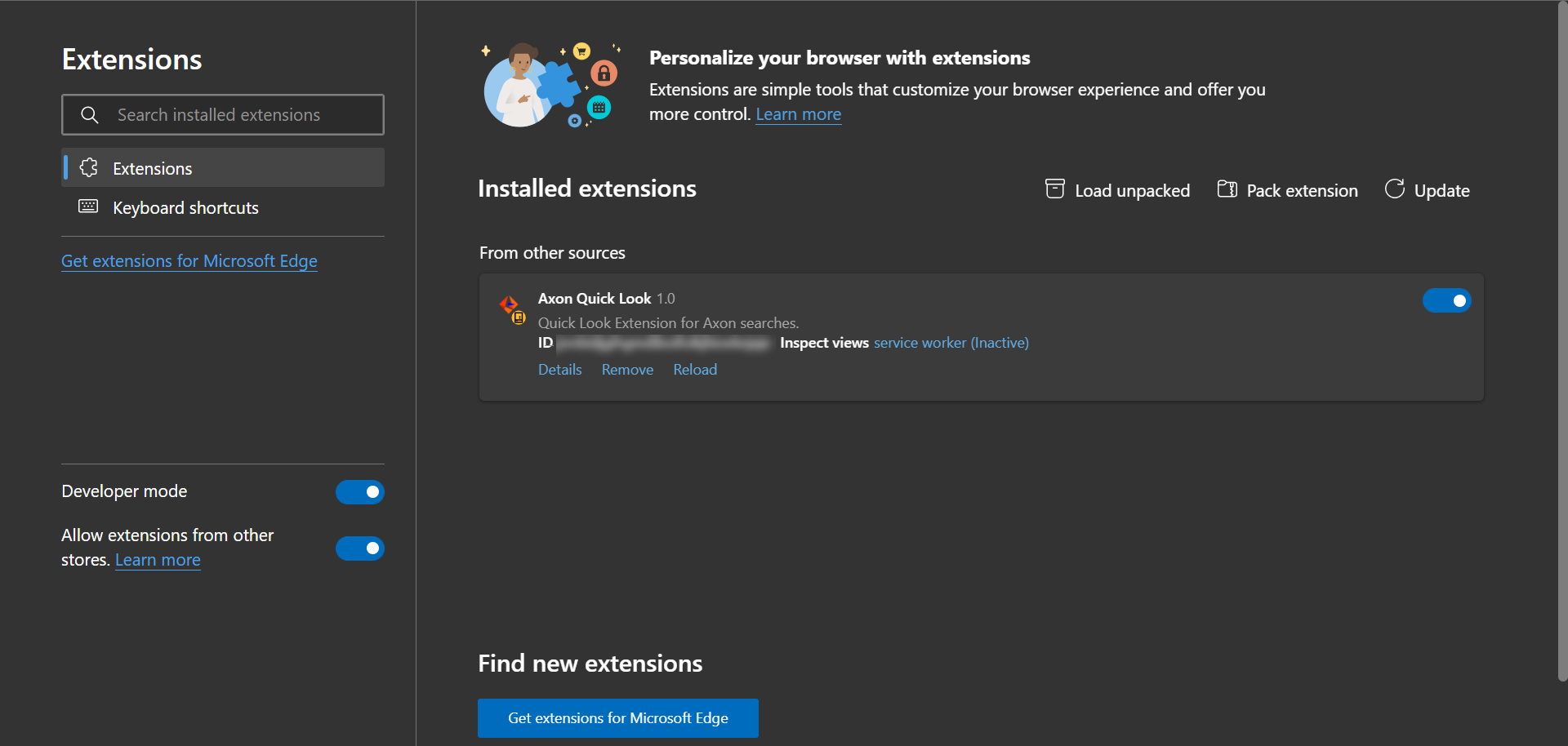 The image depicts the Extensions page in Microsoft Edge with Developer mode enabled.