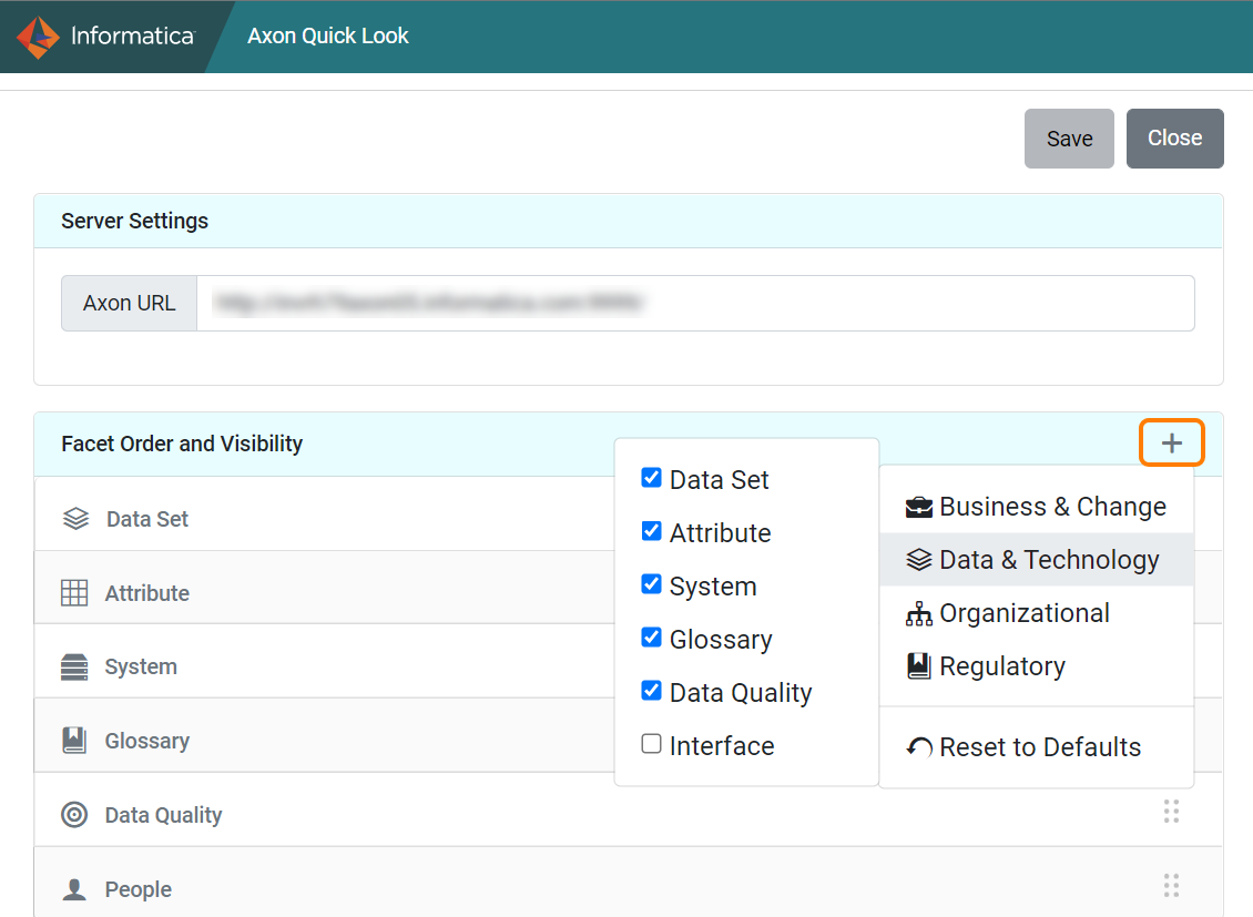 The image shows the Axon Quick Look settings page. The facet menu icon is called out and the facet menu is expanded.