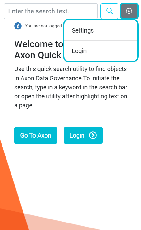 The image depicts the settings menu in the Axon Quick Look browser extension. The settings icon and the settings menu are called out.