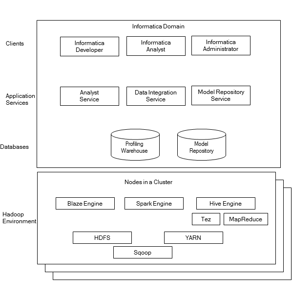 The Big Data Management components include clients, application services, and databases within the Informatica domain. The nodes in the Hadoop cluster contain engines that can run the mappings.