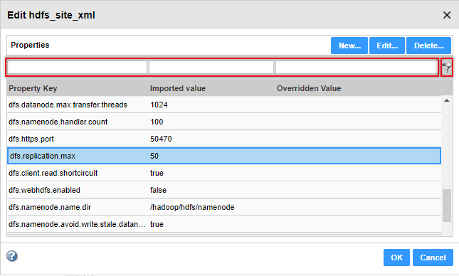 Each of the three columns in the Edit hdfs-site.xml dialog box has a filter text pane above the column head. On the far right is the Filter icon.