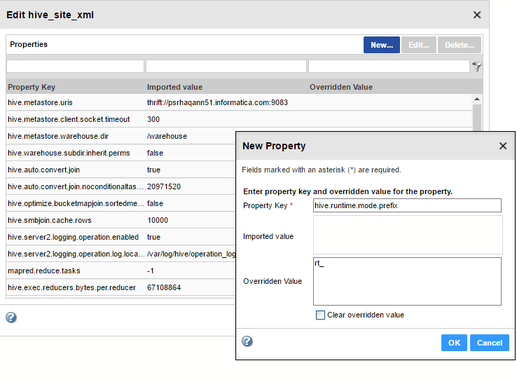 The New Property dialog box displays the property name as the Property Key. The image shows a value of rt_ typed in the Overridden Value text entry pane.