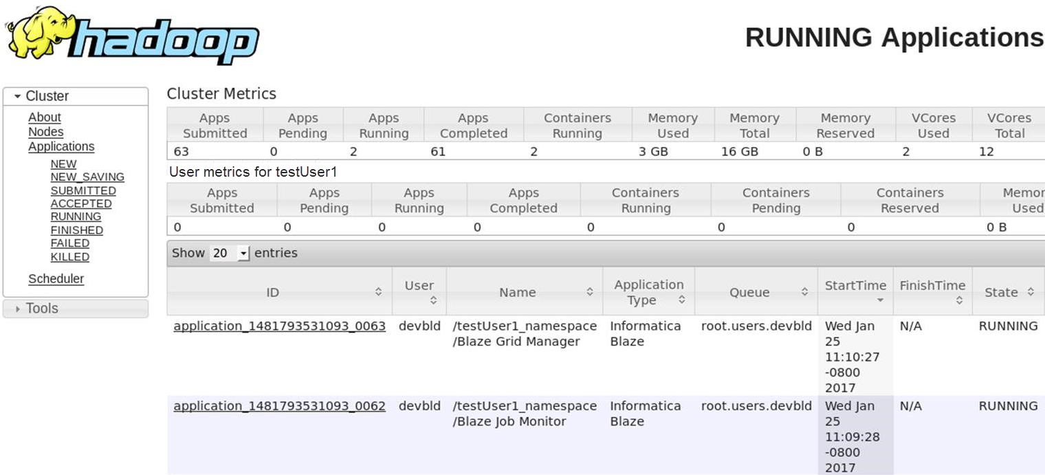 The image shows the Hadoop web console with a list of applications with a name that includes the namespace, "testuser1_namespace," that you configured for the Grid Manager.