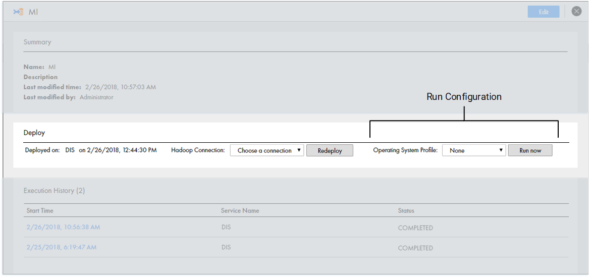 This image shows the Deploy view on the Overview page. The run configuration options are on the right of the Deploy view. In the run configuration, you can select an operating system profile. Next to the option to select an operating system profile, you can select Run now to run the specification.
