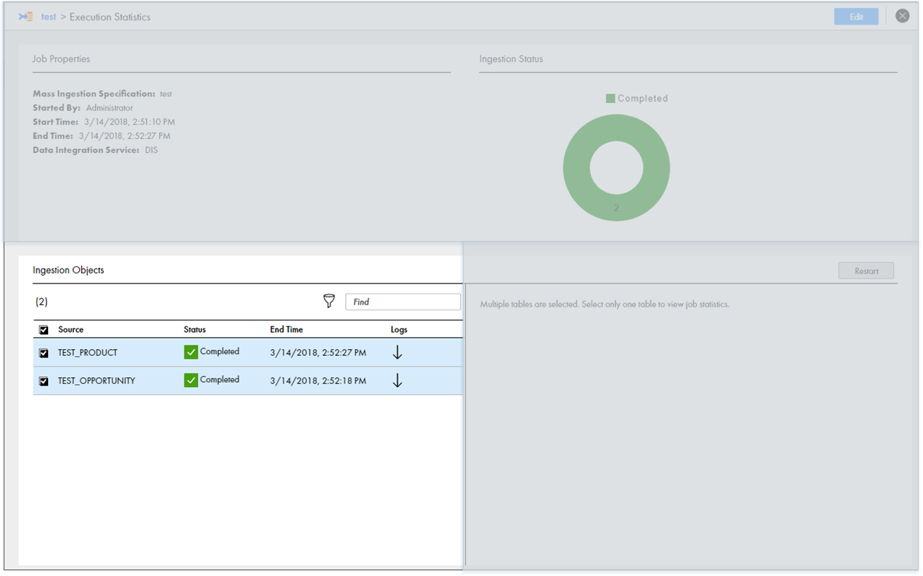 This image shows the Ingestion Objects view on the Execution Statistics page. The Ingestion Objects view contains two source tables. Both source tables are selected.