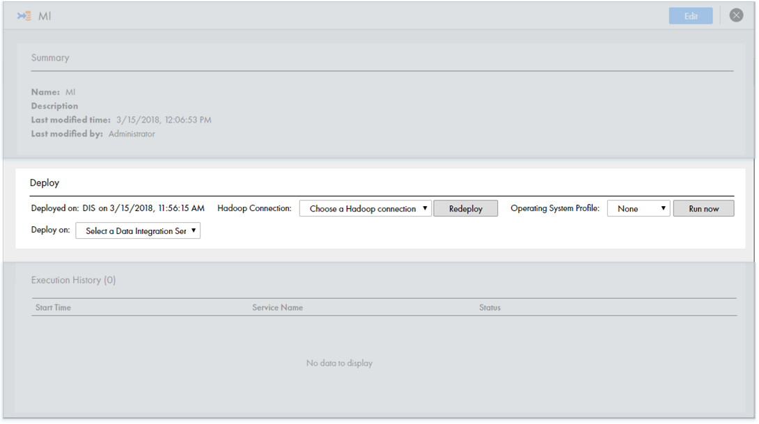 This image shows the Deploy view on the Overview page. The option to redeploy the mass ingestion specification to a different Data Integration Service appears next to the name and time of the Data Integration Service where the specification was last deployed. The option to select a Hadoop connection appears next to the name and time of the Data Integration Service where the specification was last deployed.