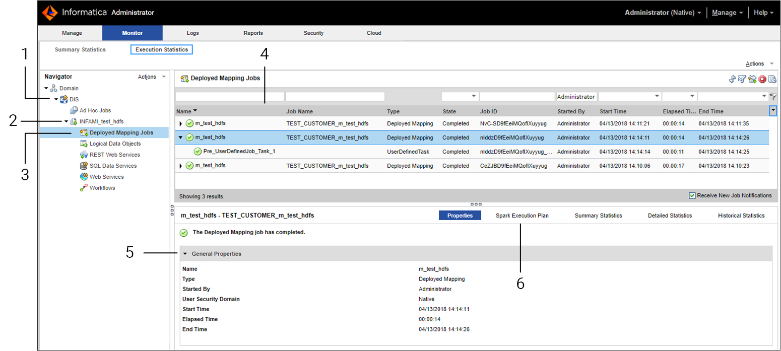 This image shows the Execution Statistics tab in the Administrator tool. The Execution Statistics tab shows details on the execution statistics for deployed mapping jobs in an application on the Data Integration Service.