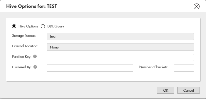 This image shows a dialog box to configure Hive options. Hive Options is selected.