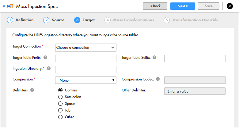 This screenshot shows the Target page of the mass ingestion specification for an HDFS target. On the Target page, you can configure properties to define the HDFS target. The table below this image lists the properties that you can configure. There is a note at the bottom of the page that says "Partition and cluster options are available on the Table Parameters page." In the top-right corner, you have the option Next to go to the next page, or the button X to discard the specification.