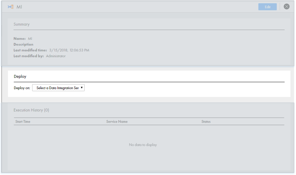 This image shows the Deploy view on the Overview page. In the Deploy view, there is an option to configure the Data Integration Service where you want to deploy the mass ingestion specification.