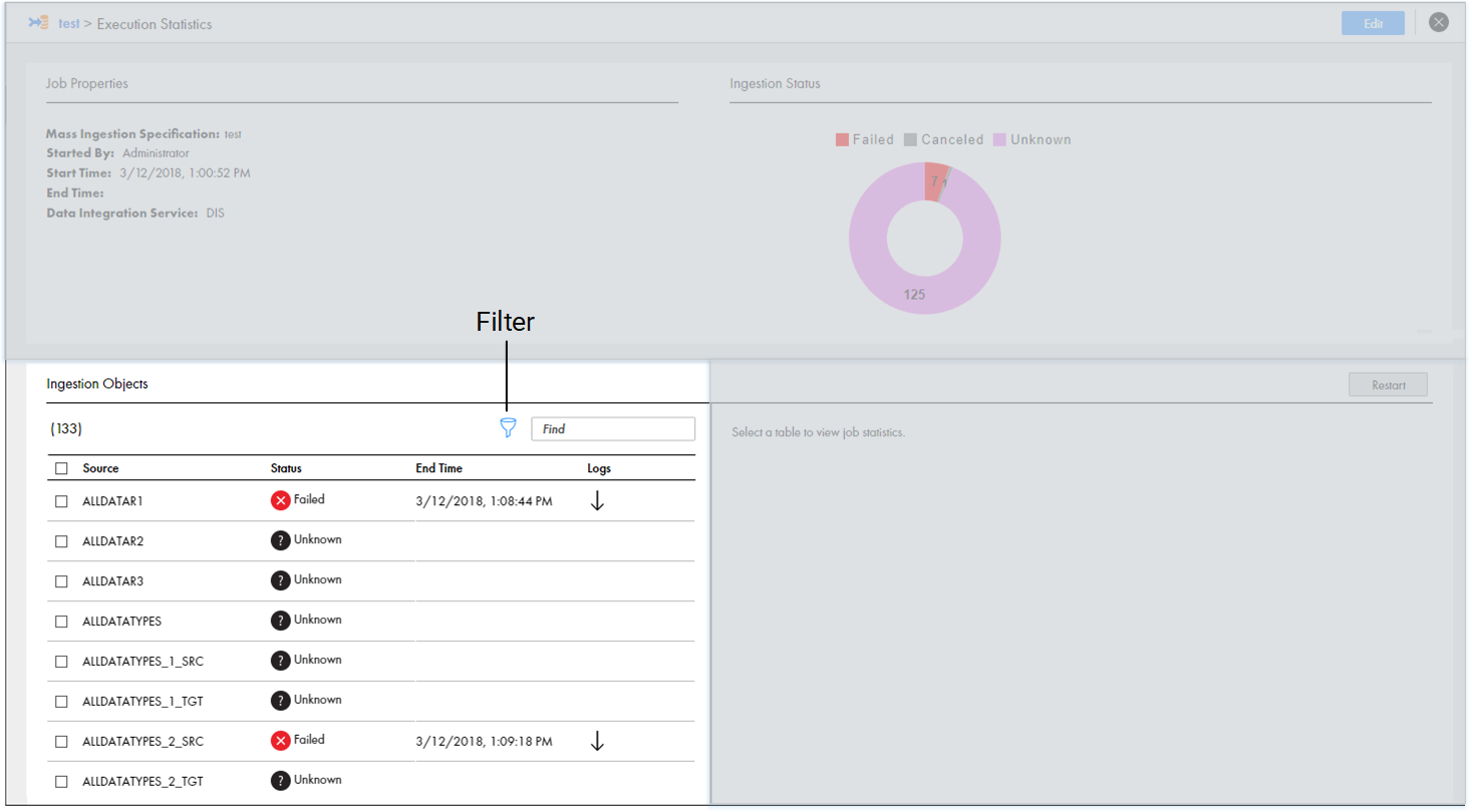 This image shows the Ingestion Objects view on the Execution Statistics Page. The image points to the Filter icon in the top-right corner of the Ingestion Objects view.