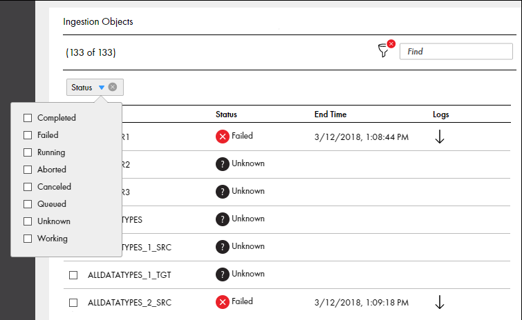 This image shows the Ingestion Objects view on the Execution Statistics Page. The filter is selected and the option to filter ingestion objects by status appears as a drop-down menu. The drop-down menu shows the following types of status that you can use to filter the ingestion objects: Completed, Failed, Running, Canceled, Queued, or Unknown.