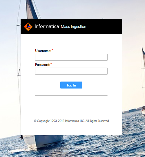This screenshot shows the Informatica Mass Ingestion login page. The login page contains Username and Password areas where you can enter your login details.