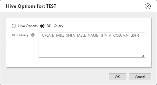 This image shows a dialog box to configure Hive options. DDL Query is selected.
