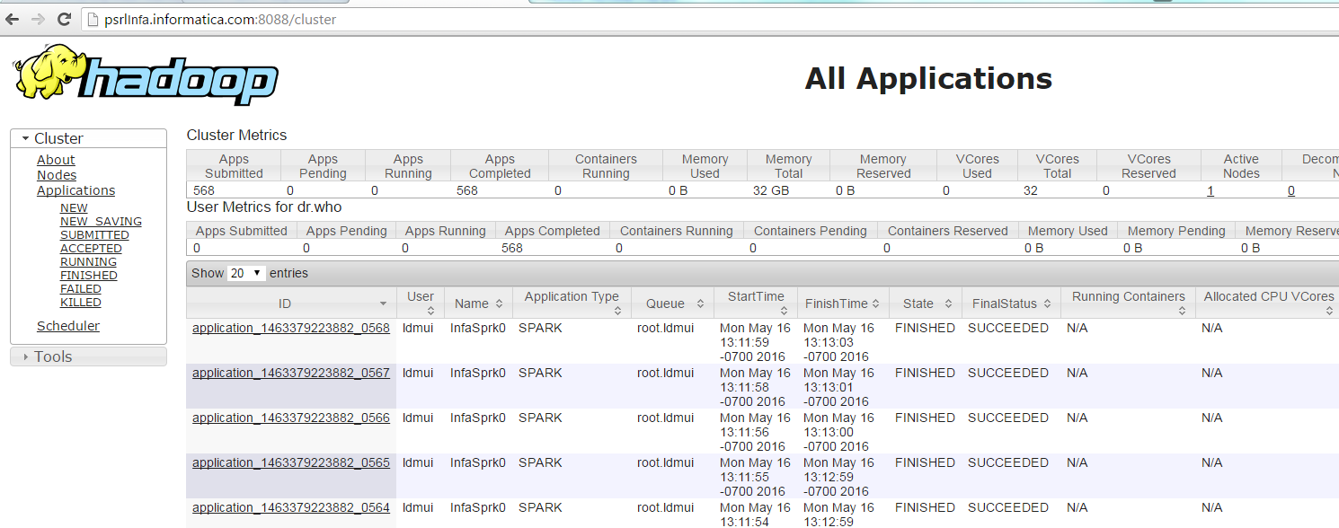 The YARN web user interface shows a list of the applications that ran on a cluster.
