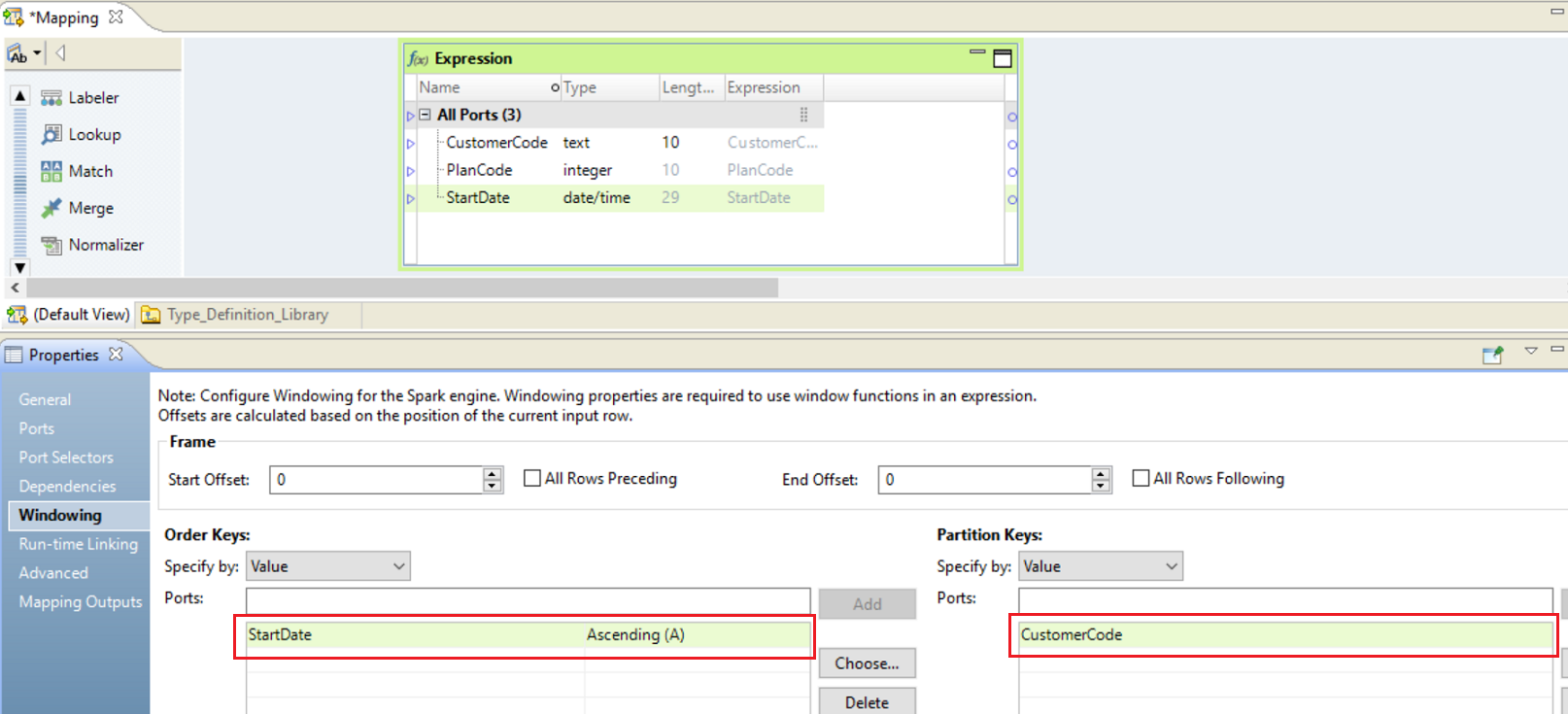 On the Windowing tab, StartDate is selected as the order key in ascending order. CustomerCode is selected as the partition key. The frame specification is not configured.