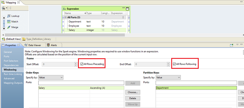 On the Windowing tab, ascending salary is selected as the order key and department is selected as the partition key. The frame is All Rows Preceding and All Rows Following.