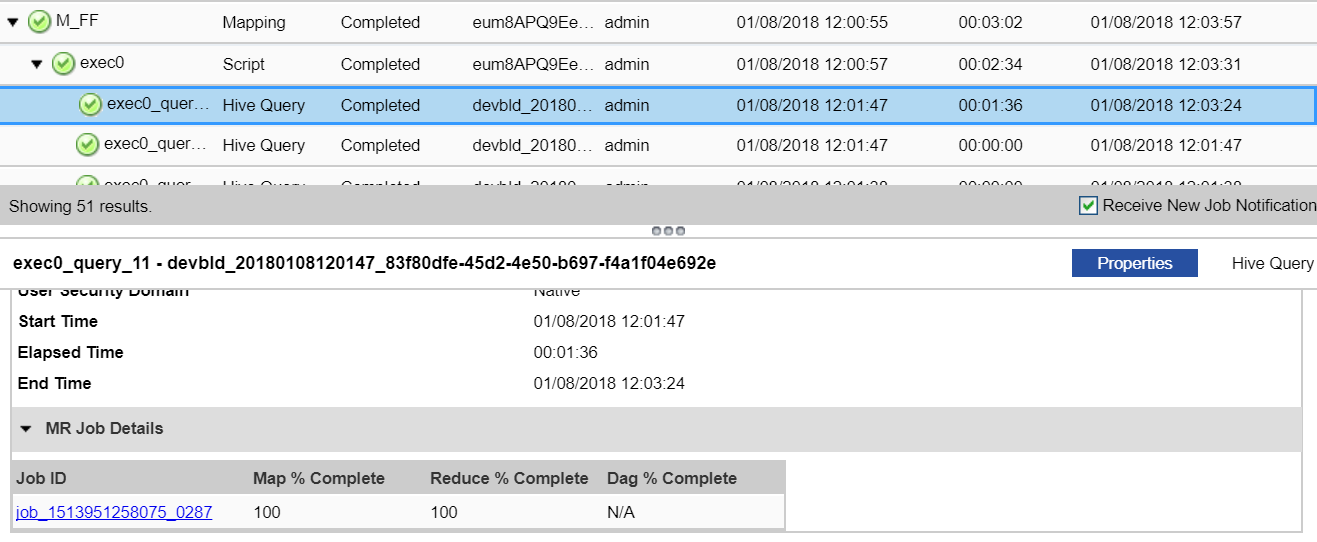 On the Monitor tab in the Administrator tool, the contents panel contains the mapping, script, and Hive query that uses MapReduce engines. In the Details pane, you can view the MR Job details, such as the Job ID and Map % Complete. The Job_ID starts with the prefix job_. Both Map % Complete and Reduce % Complete shows as 100%. DAG % Complete appears as N/A.
