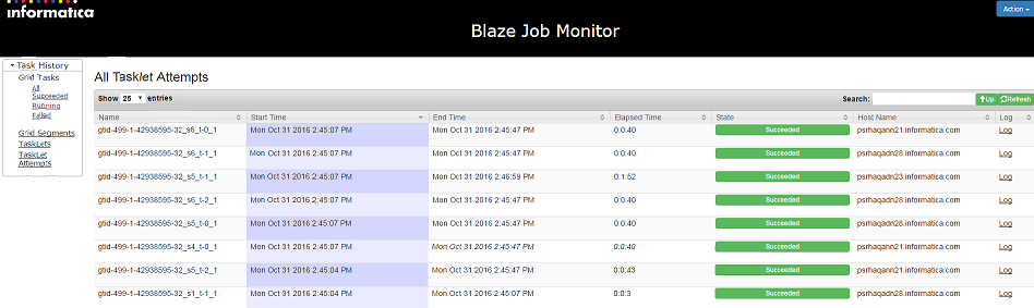 The Blaze Job Monitor displays several tasklet attempts along with their start time, end time, elapsed time, state, and host name. The Log button is also available on the right side of the page for each tasklet attempt.
