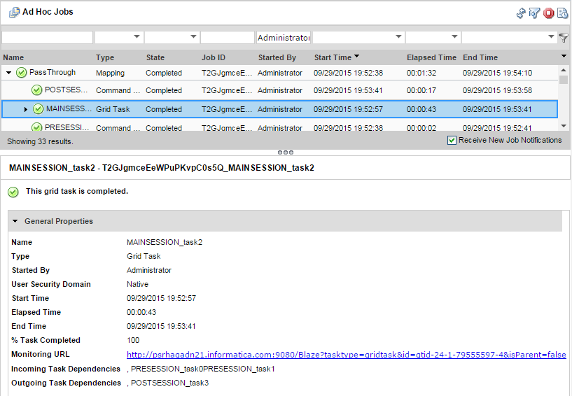 The image shows the a Grid Task selected for a mapping. The details panel shows the general properties for the job. The Monitoring URL appears in the general properties.