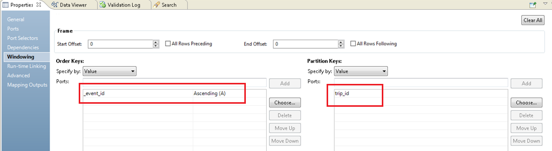 On the Windowing tab, _event_id is selected as the order key and trip_id is selected as the partition key. The frame specification is not defined.