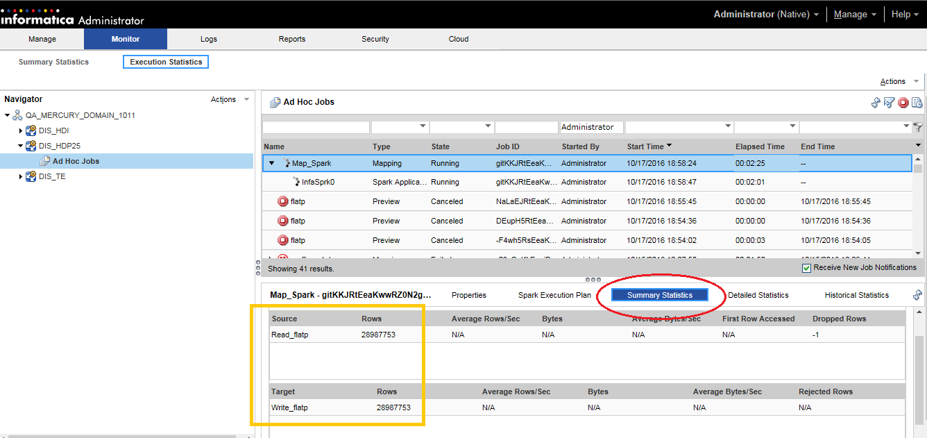 The Monitor tab is selected in the Administrator tool. Summary Statistics is selected in the details panel below. This panel displays row counts for source and target rows.