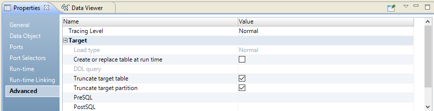 This image shows the Properties View for the Hive table. The properties to configure are located on the Advanced tab. The selected properties are Truncate target table and Truncate Hive Target Partition. These properties have checkmarks next to them.