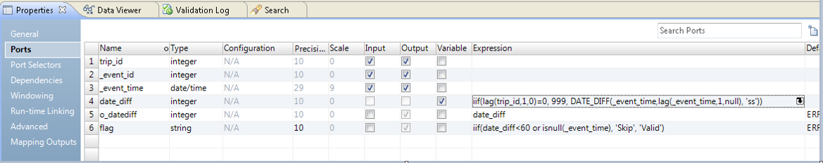 The LAG function, the DATE_DIFF function, and the IIF flag are defined on the Ports tab in the Expression transformation.