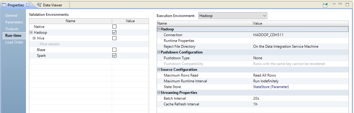 The Run-time properties shows the Validation Environment and the Execution Environment properties.