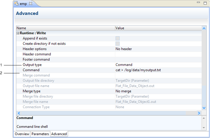 The output type is set to command, and the merge type is set to no merge. The following command is entered for the Command property: cat >> C:\data\MyOutput.txt