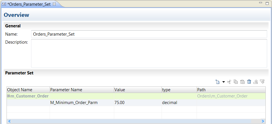 The parameter set contains the m_Customer_Order object, the M_Minimum_Order_Parm, a default amount, and the decimal type.