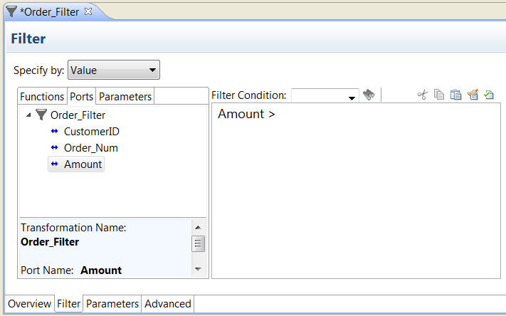 The Filter tab is an expression editor where you can select functions, ports, and parameters to create the filter condition.