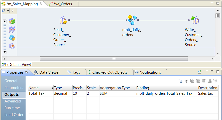 The mapping Outputs view shows the mapplet output name in the Binding field. The mapplet output name is mplt_daily_orders.total_sales_tax