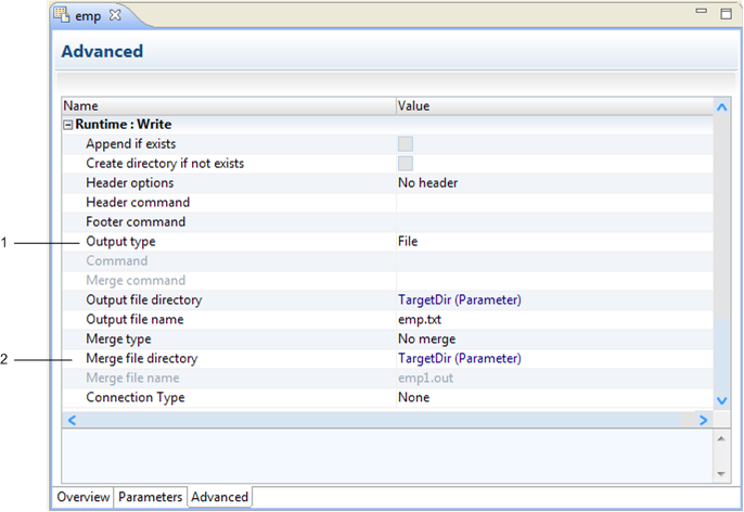 The Merge type is set to No merge. The Merge file directory is set to the default TargetDir system parameter. The Merge file name is not editable because the flat file data object is not configured to merge data.