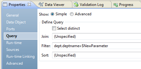 The Query view on the Properties tab for a Hive source contains the following filter: dept.deptname=$NewParameter. The $NewParameter does not have double quotes.