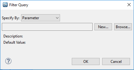 This image shows the dialog box Filter Query. In the dialog box, Parameter is selected for the property Specify By. Under the property Specify By, you can choose to create a new parameter or browse for a parameter.