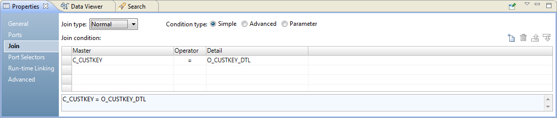 The Join tab in the Properties view of the Joiner transformation shows the join condition.