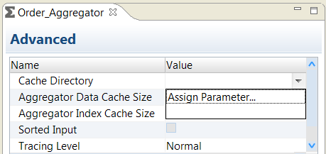 The Advanced tab of the Aggregator transformation has the Cache Directory , Aggregator Data Cache Size, Aggregator Index Cache Size, Sorted Input, and Tracing Level properties. The Cache Directory value contains the Assign Parameter option.