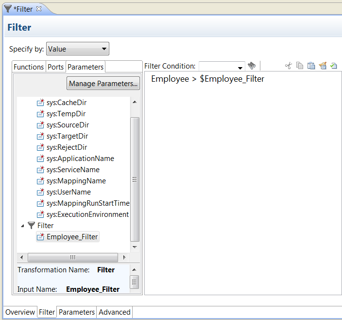 The Filter view of the Filter transformation shows lists of ports and parameters that you can add to a filter expression. The filter condition contains an expression with two arguments, a port and a parameter value.