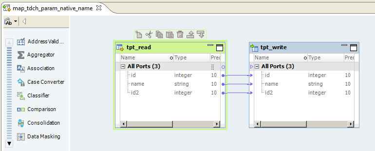 The image shows a Teradata data object with a Read transformation in the mapping editor. In this example, the Read transformation is connected directly to an associated downstream Write transformation. The metadata in the Read transformation is the same as the metadata in the output object shown in the data object editor in the previous image.