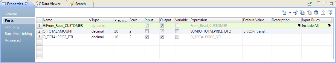 The Ports tab in the Properties view of the Aggregator transformation lists the dynamic port and the two ports in the Aggregator transformation.