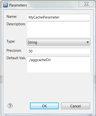 The Parameters dialog box contains the Name, Description, Type, Precision, and Default Value fields.