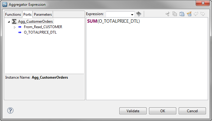 The Aggregator Expression dialog box has Functions, Ports, and Parameters tab. The dialog box has an Expression editor area. The Ports tab shows the ports in the Aggregator transformation. The Expression editor contains the expression SUM(O_TOTALPRICE_DTL).