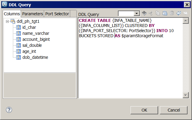 The image shows a DDL query to create a Hive target table. The query uses the INFA_TABLE_NAME, INFA_COLUMN_LIST, and INFA_PORT_SELECTOR placeholders. It also uses a parameter to define the storage format.